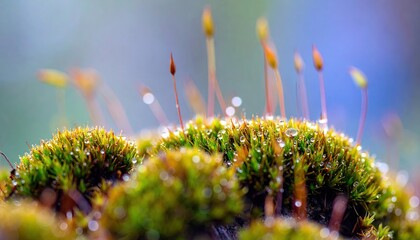 Closeup of Lush Green Moss with Dew Drops