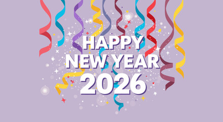 Happy New Year 2026 Celebration with Colorful Ribbons.
