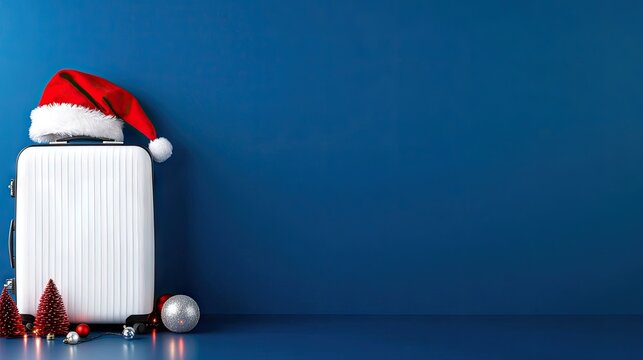 A festive suitcase adorned with a Santa hat and Christmas lights on a dark blue backdrop, perfect for holiday travel decorations