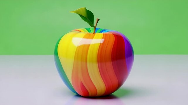 An apple with rainbow stripes and a green leaf on a light green background