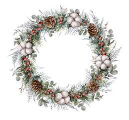 Watercolor Christmas wreath with cotton flowers, eucalyptus, fir branches and cones, red berries and herbs. Christmas decor. Digital illustration.	