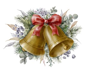 Watercolor golden jingle bells with red bow, spruce, eucalyptus and herbs. Digital illustration.	
