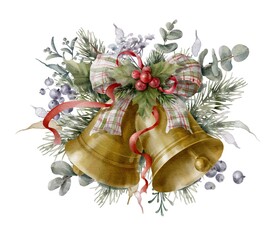 Watercolor golden jingle bells with bow, spruce, eucalyptus and herbs. Digital illustration.	