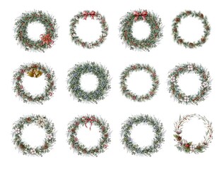 Watercolor Christmas wreaths set. Christmas decor with fir branches, mistletoe, poinsettia flowers,  lingle bells, berries, fir cones.	