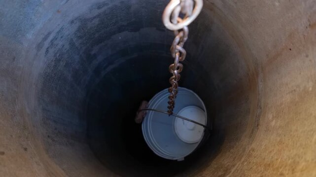 Old well with iron bucket on long forged chain for clean drinking water