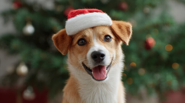 Happy cute dog portrait with santa hat celebrating Christmas. Adorable pet sits in front of festive holiday Christmas tree with cheerful expression