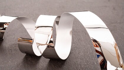 Reflective Chrome Ribbon Sculpture on Grey Surface