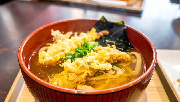 burdock tempura udon noodles soup, japanese fukuoka food 