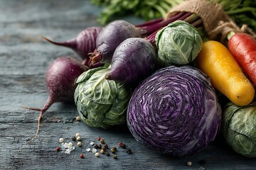 A bountiful harvest of fresh root vegetables and leafy greens spills from a rustic burlap sack onto a weathered wooden surface