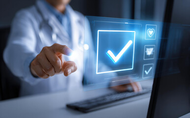Professional doctor with focused look uses virtual screen to approve medical checklist. concept represents modern healthcare technology, data management, and innovation