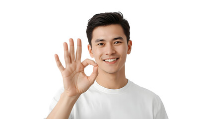 Smiling young asian man showing okay gesture isolated on transparent background, expressing agreement and positive emotion