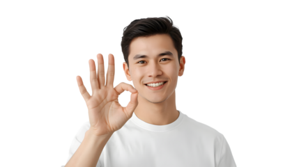 Smiling young asian man showing okay gesture isolated on transparent background, expressing agreement and positive emotion