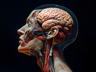 scientific side profile of human head and neck, muscular and internal systems exposed including brain and throat 
