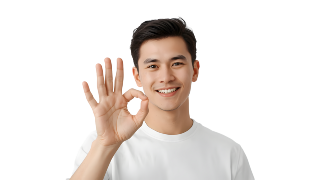 Smiling young asian man showing okay gesture isolated on transparent background, expressing agreement and positive emotion