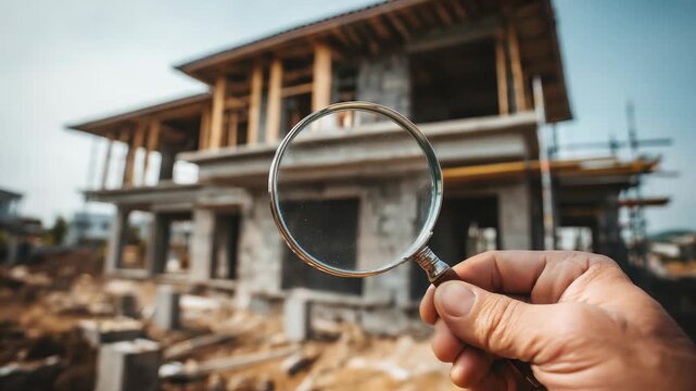 engineer use magnifying glass inspecting construction new house.inspecting construction and quality assurance new house. Engineers or architects or contactor work to build the house.
