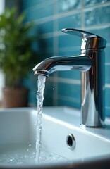 Chrome faucet with flowing water. Bathroom interior features white sink and blue tiles. Clear water stream against the backdrop. Modern plumbing.