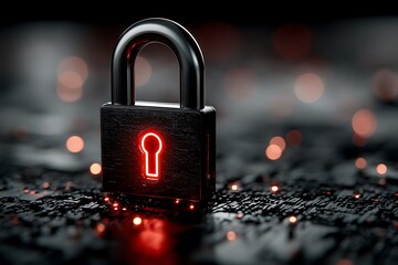 A dark metallic padlock with a glowing red keyhole symbol illuminates the foreground set against a blurred bokeh filled background