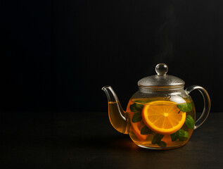 Glass teapot with orange slices and mint leaves on a dark background. Fresh citrus herbal tea rich in vitamin C.