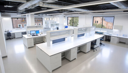 Bright, clean, empty science laboratory interior showing modern white benches and equipment. quiet research facility suggests professional, sterile workplace for discovery