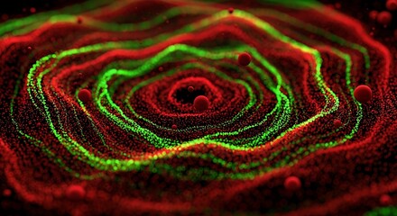 Vibrant abstract energy flow with swirling red and green particles creating dynamic waves and floating orbs, perfect for science, technology, or futuristic concepts