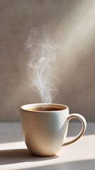 Hot cup of coffee with steam rising in soft morning light. warm brown beverage in simple cozy mug on table, creating calm and peaceful mood