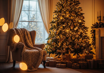 Cozy Living Room with a Beautifully Decorated Christmas Tree