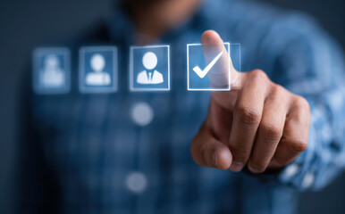 Focused businessman making selection, choice for recruitment or hiring. Human resource manager using technology and virtual checkbox for business concept