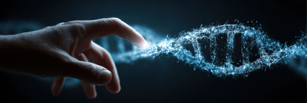 Awe inspiring human hand touching futuristic blue glowing DNA helix. powerful concept for science, technology, genetic research, and future of medicine