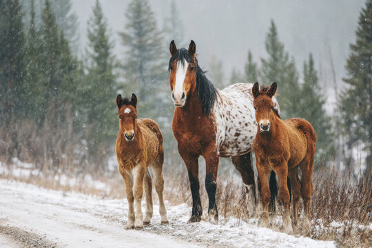 Brown horses as a symbol of the year 2026 stand in a snowy forest