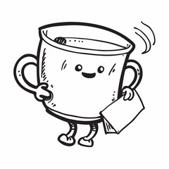 Adorable Cartoon Coffee Mug Steaming Holding Blank Note Kawaii Illustration