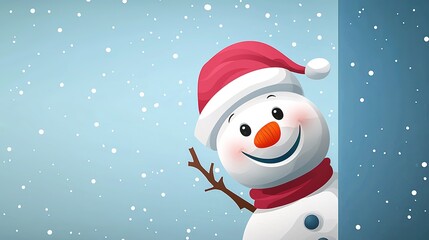 Naklejka premium Cute cartoon snowman peeking from behind wall, smiling and waving, light blue background with blank area for text.