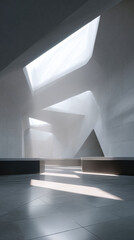 Obraz premium Serene modern architecture interior with minimalist design. quiet, empty space features geometric shapes, abstract forms, and dramatic play of light and shadow