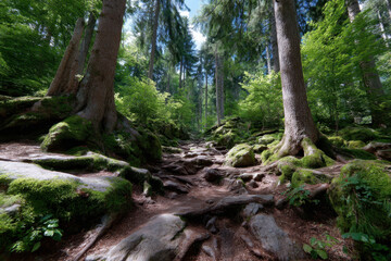 Obraz premium Explore the winding trail through lush green forest filled with towering trees and vibrant moss