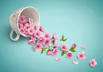 Spilled Cup Overflowing with Pink Cherry Blossom Flowers - Spring Concept