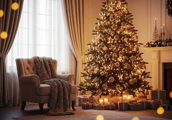 Cozy Living Room with a Beautifully Decorated Christmas Tree