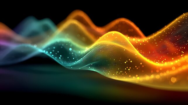 Vibrant abstract visualization of sound waves or data streams rendered with glowing neon colors against a dark background