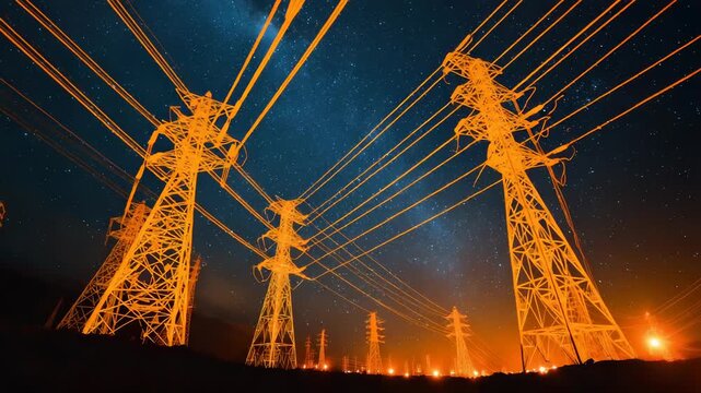 Electricity transmission towers with orange glowing wires the starry night sky. Energy infrastructure concept, energy, electricity, voltage, supply, pylon, technology
