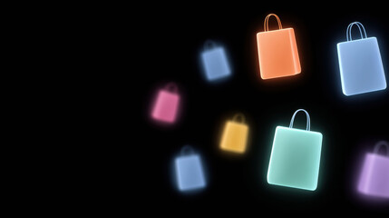 Vibrant collection of glowing colorful shopping bag icons floating on black background. An exciting neon abstract for retail sale, e commerce, and purchase promotions