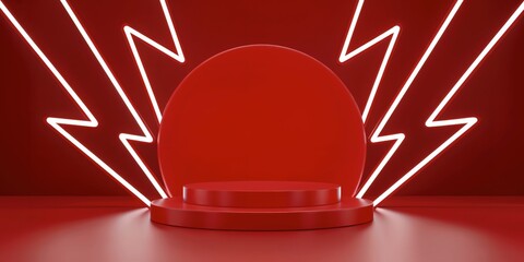 Red Stage, Neon Lightning Bolts and Circular Backdrop, Product Display, Tech Launches, and Promotional Events, Presentation Templates, Event Posters, Digital Media, Promotional  Panoramic  Background