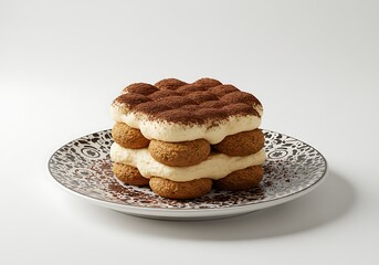 Elegant tiramisu dessert on a decorative plate against a white background