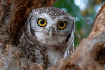 Obraz premium Curious owl perched in a tree during daylight hours in a natural habitat