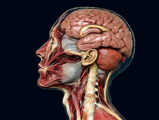 scientific side profile of human head and neck, muscular and internal systems exposed including brain and throat 

