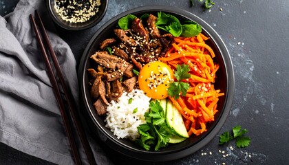 Bibimbap, Mixed rice with meat and assorted vegetables, Korean food with kimchi. 