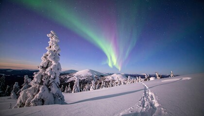 Aurora Borealis over Snowy Mountain Ridge at Night