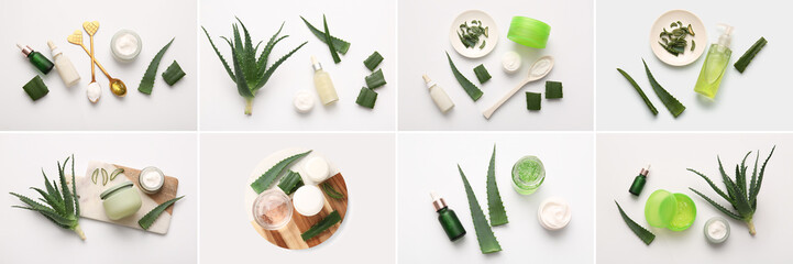 Set of cosmetics with aloe vera extract on light background, top view