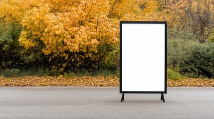 Blank white A3-format sign stands in front of an empty parking lot surrounded by golden autumn foliage on a clear day