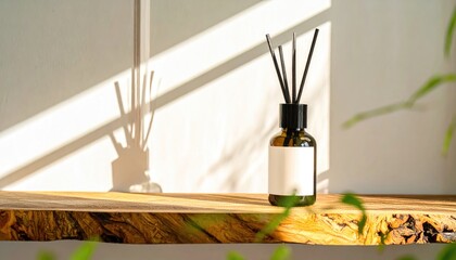 Reed Diffuser Mockup on Oak Shelf with Sunlight
