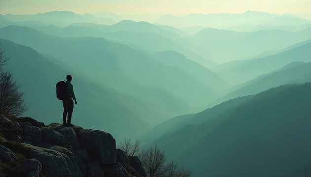 Hiker with backpack stands on rocky cliff. Man looks at misty mountain range. Layers of peaks fade into distance. Traveler explores vast scenic landscape. Freedom nature adventure journey.