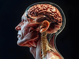 scientific side profile of human head and neck, muscular and internal systems exposed including brain and throat 
