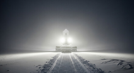 A snowplow with bright headlights clears a path through a desolate, snowy landscape during a blizzard.